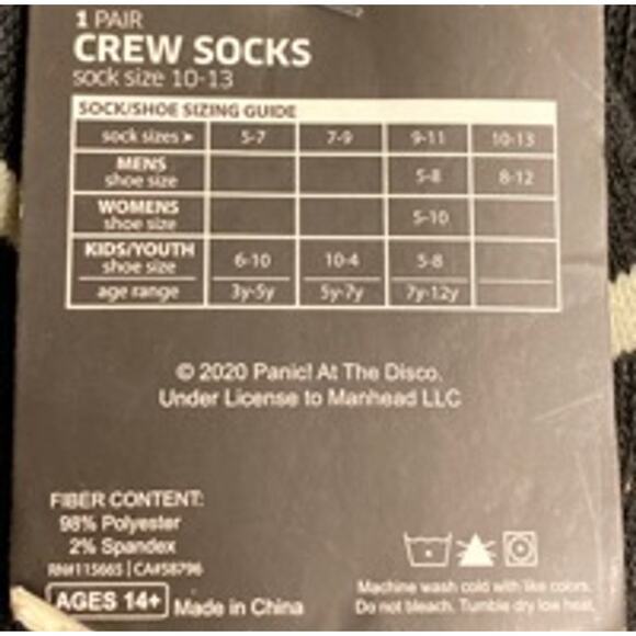 Panic! At The Disco Logo Crew Socks Black White Bioworld Men’s 10–13 - Picture 6 of 6
